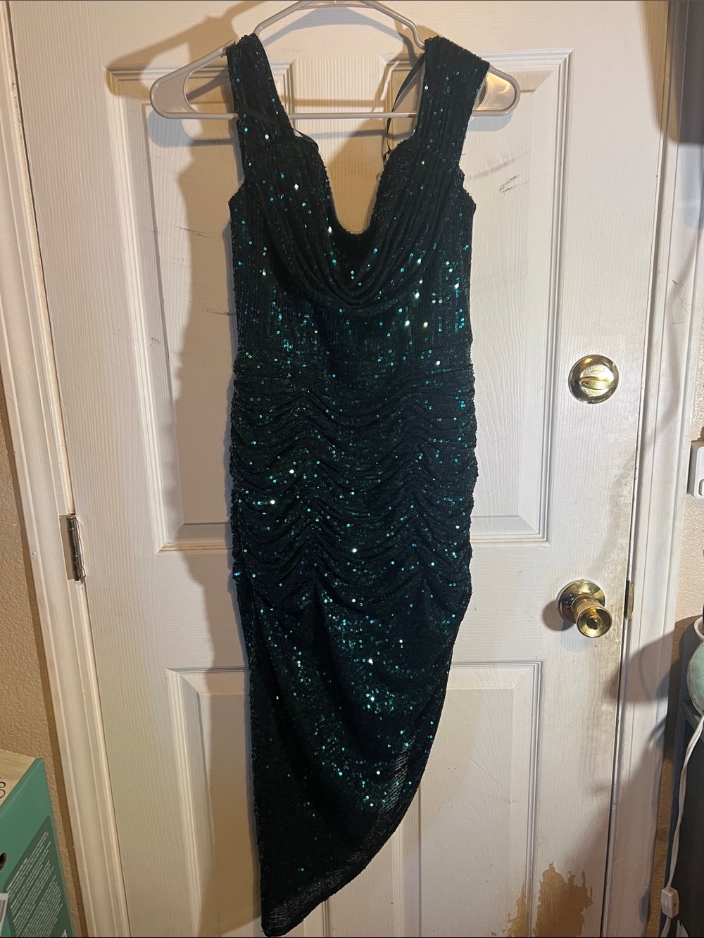 Cinderella Teal Sequin Asymmetrical Cowl Dress